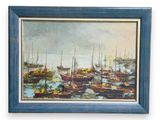 an oil painting of a harbor scene with boats in the water