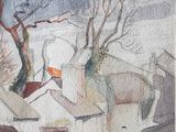 a watercolor painting of a town with a tree in the foreground