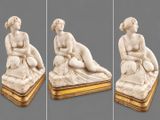 three images of a statue of a woman sitting on a bed