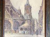 tableau représentant une scène de rue urbaine avec une église en arrière-plan