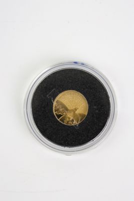une image représentant une pièce d'or dans une vitrine, posée sur une surface blanche