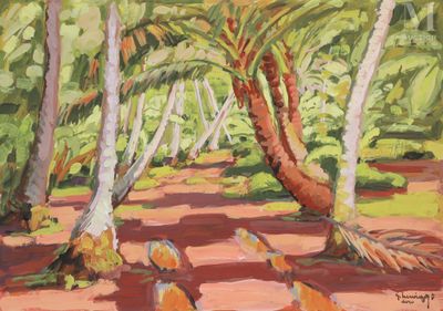 an oil painting of a path through a forest with palm trees