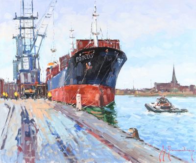 Guy LEGENDRE (né en 1946) "Cargo dans le port de Dieppe"