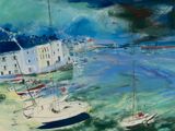 une peinture de bateaux sur l'eau dans un port