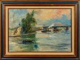 une peinture à l'huile représentant une scène fluviale avec des bateaux sur l'eau