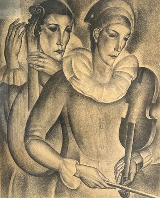 painting of two women with a violin and a violin case