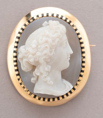 an image of a woman ' s profile is shown in a gold - plated broocher