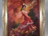 an oil painting of a woman in a red dress on a wooden easel
