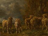 un tableau représentant un troupeau de moutons dans un champ