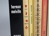 several books are lined up in a row on a gray surface