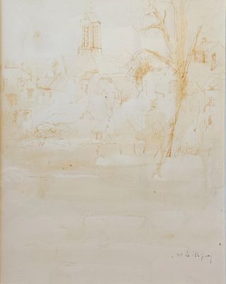 une image représentant un dessin d'un arbre dans un champ, avec un bâtiment en arrière-plan