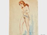 On voit sur une feuille de papier le dessin d'une femme en maillot de bain
