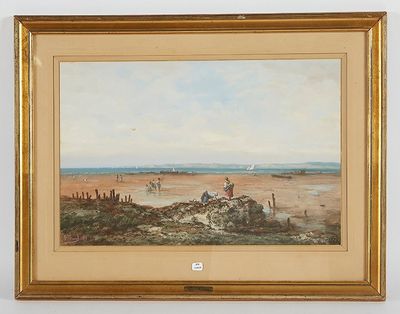 une peinture à l'huile représentant une scène de plage avec des personnes sur le rivage