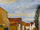 an oil painting of a street scene with buildings and trees