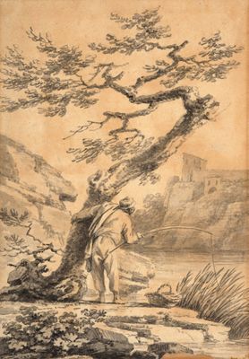 a drawing of a man standing under a tree next to a body of water