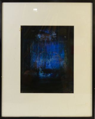 framed photograph of a blue and black abstract painting in a black frame