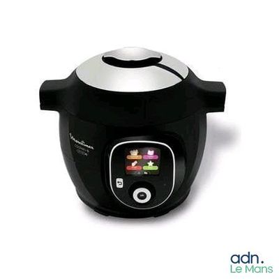a black and silver rice cooker on a white background