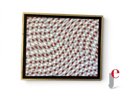 tableau représentant un motif à carreaux rouges et blancs, dans un cadre en bois