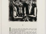 a black and white drawing of two men sitting at a table