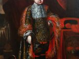 a painting of a man in a red coat and a dog
