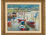 un tableau représentant des bateaux sur l'eau, près du rivage