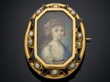an antique portrait of a woman with pearls in a gold frame