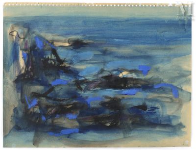 une image d'une peinture représentant une plage avec des rochers et de l'eau