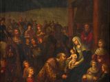 a painting of a group of people standing around a manger