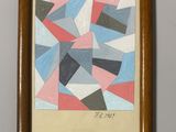a painting hanging on the wall of a room with a wooden frame