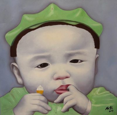 tableau représentant un bébé coiffé d'un bonnet vert en train de manger un morceau de nourriture