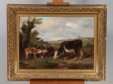 an oil painting of cows grazing in a field by a tree