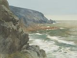 a painting of a view of the ocean from a cliff