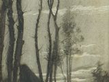 painting of a man walking down a road with a horse and buggy