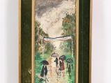 tableau représentant des personnes marchant sous la pluie avec des parapluies par une journée ensoleillée
