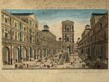 un dessin représentant une rue avec une fontaine au milieu