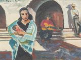 tableau représentant une femme tenant un bébé dans ses bras et un homme jouant de la guitare dans une cour
