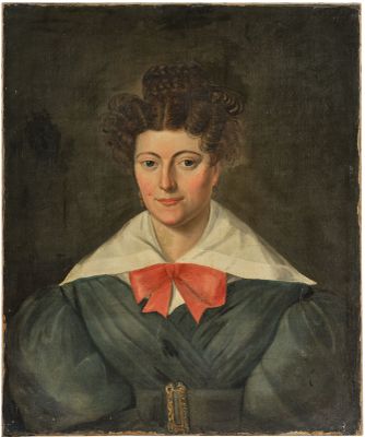 a painting of a woman in a blue dress with a red bow