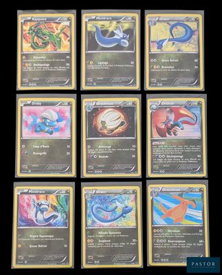 Les cartes Pokémon sont alignées sur une surface noire.