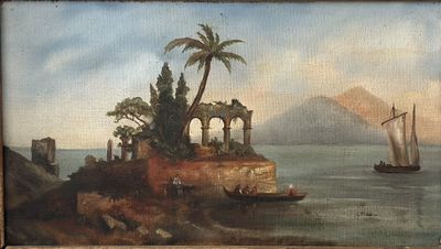 an oil painting of a small island with a boat in the water