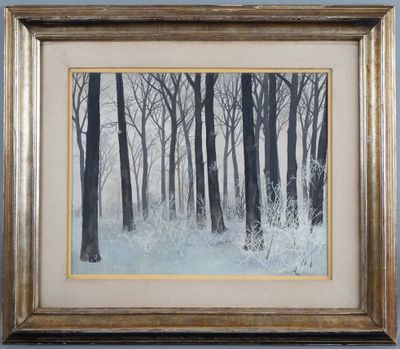 an image of a painting of trees in a snowy forest