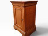 a wooden cabinet with a marble top on a white background