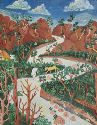 a painting of a river running through a forest