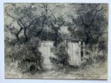 un dessin représentant une vieille toilette extérieure dans les bois