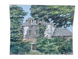 an image of a painting of a house in the woods