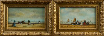 three paintings of people on a beach with boats in the background