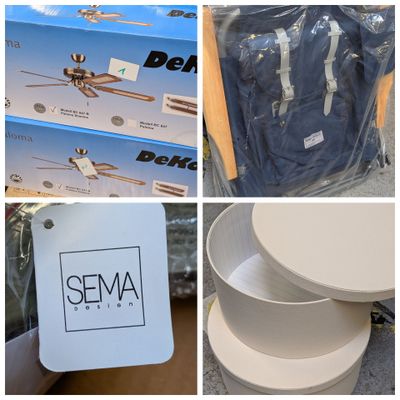 several pictures of different items that are in a box and on a table