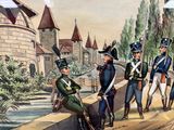 a painting of a group of soldiers on a bridge