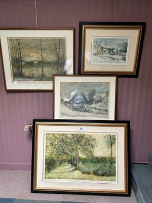 three framed pictures on the wall of a room