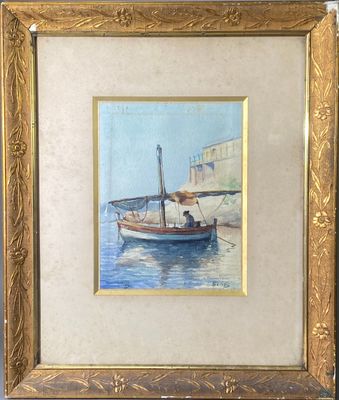 l'image d'une peinture représentant un bateau dans un plan d'eau