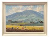 an oil painting of a landscape with a mountain in the background